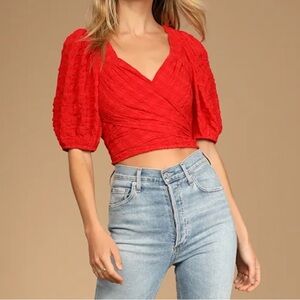 Lulus love of sunshine red puff sleeve wrap crop top NWT size medium